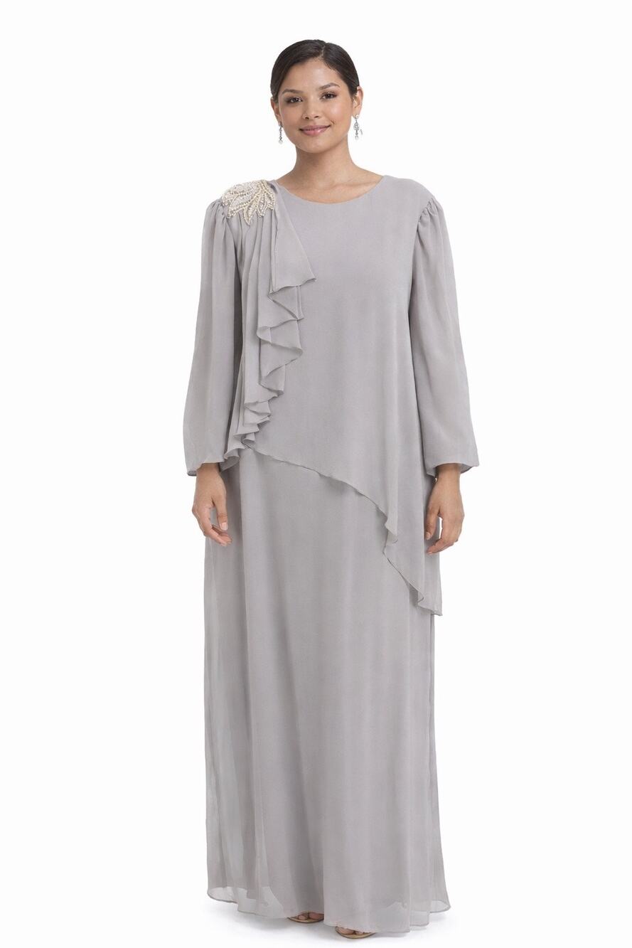 Vintage 1980s–1990s Jovani New York Beaded Shoulder Grey Chiffon Evening Gown 28